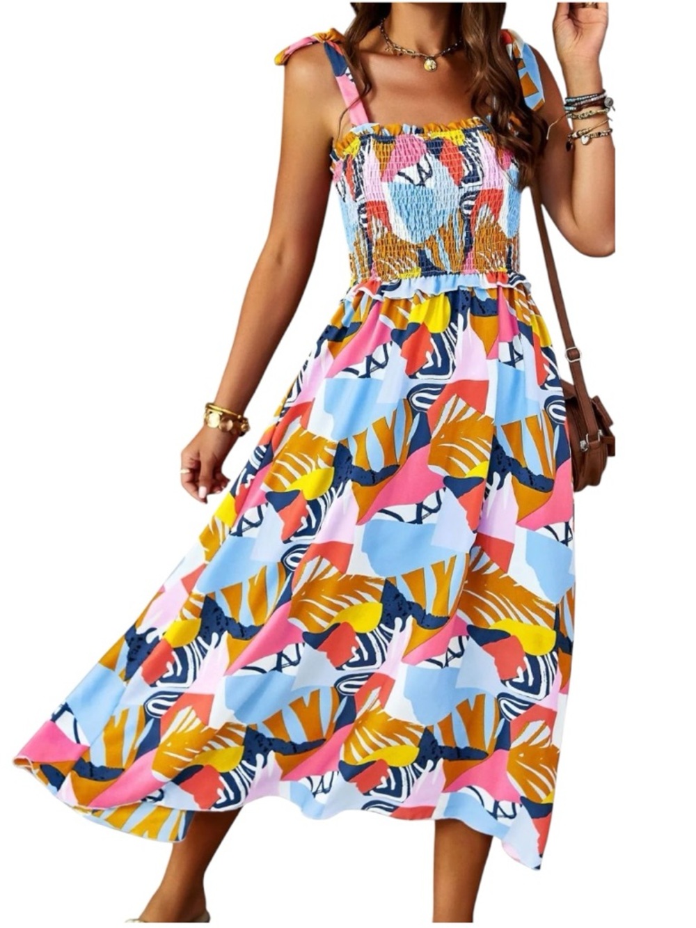 Bohemian Smocked Bright Multi-Color Tropical Midi Summer Flowy Sundress Sz Small